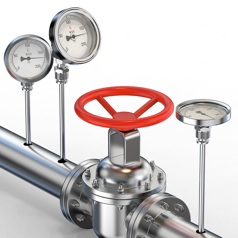 Industriell axial-radial typ anpassad längd 1/2 gänga 304 rostfritt stål 1,6 precision bimetallisk termometer av pekartyp