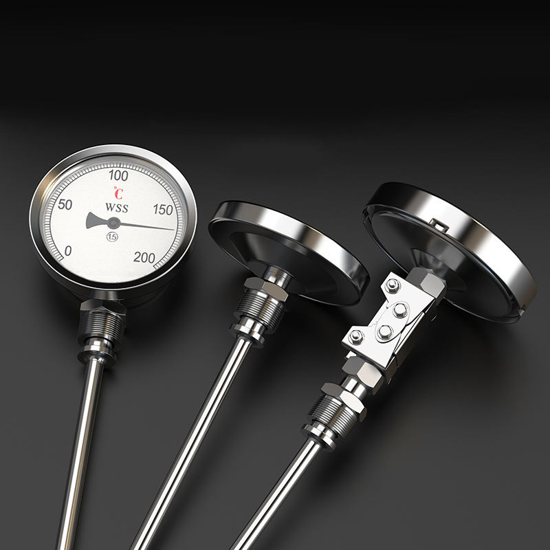 Industriell axial-radial typ anpassad längd 1/2 gänga 304 rostfritt stål 1,6 precision bimetallisk termometer av pekartyp