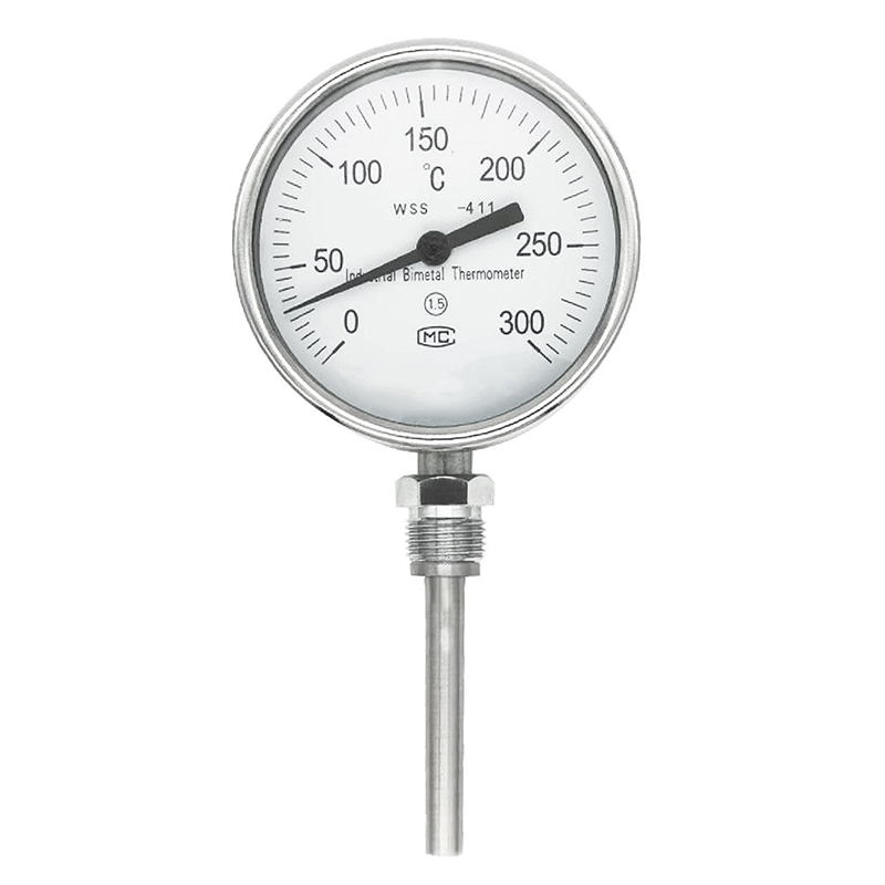 Industriell axial-radial typ anpassad längd 1/2 gänga 304 rostfritt stål 1,6 precision bimetallisk termometer av pekartyp