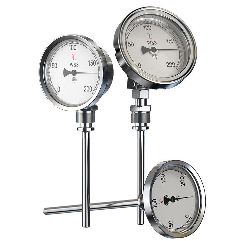 Industriell axial-radial typ anpassad längd 1/2 gänga 304 rostfritt stål 1,6 precision bimetallisk termometer av pekartyp