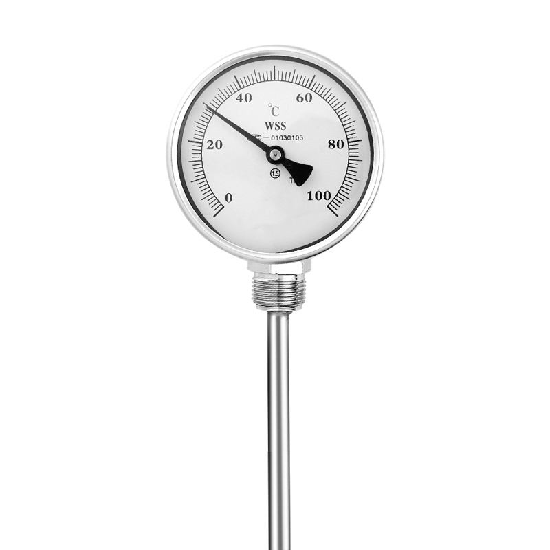 Industriell axial-radial typ anpassad längd 1/2 gänga 304 rostfritt stål 1,6 precision bimetallisk termometer av pekartyp